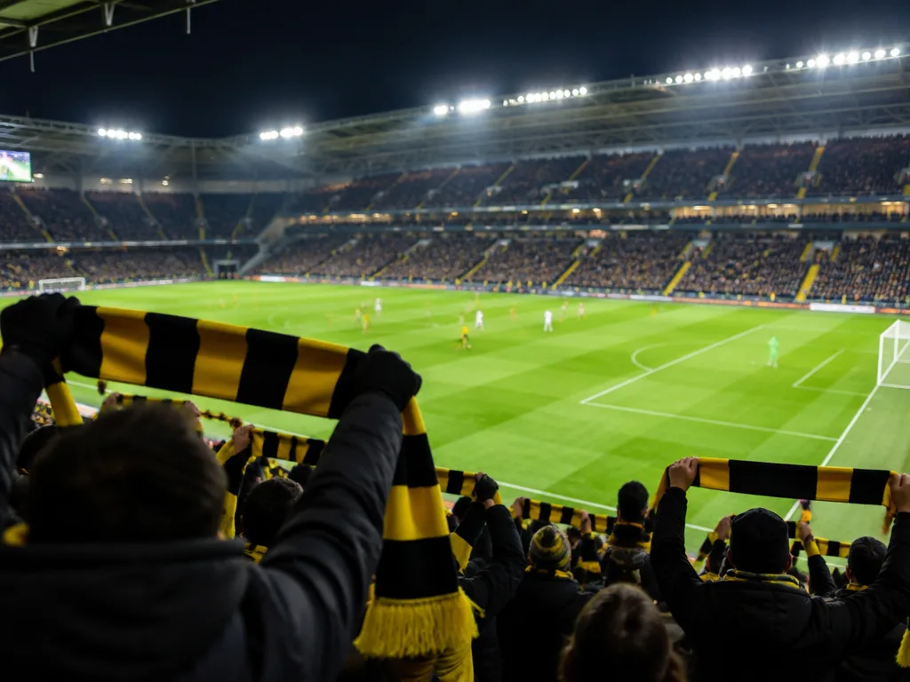 Kvällsmatch på en svensk arena med halsdukar på läktaren