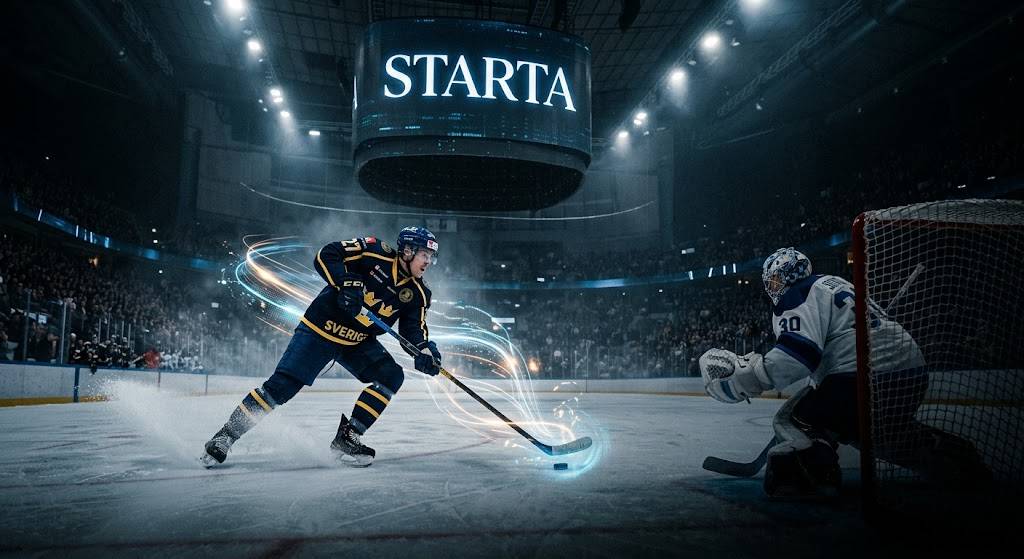 Skärm med en hockeytemad spelautomat i en mörk speluppställning