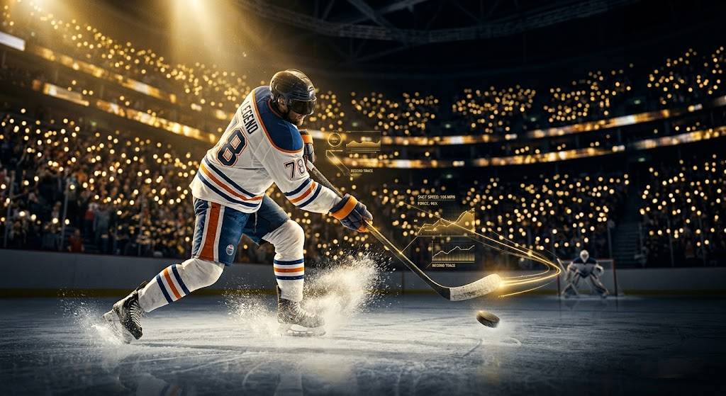 Hockeyspelare avlossar ett hårt skott med statistikgrafik i bakgrunden
