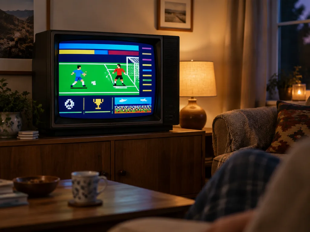 Tv med en text-tv-sida i ett vardagsrum