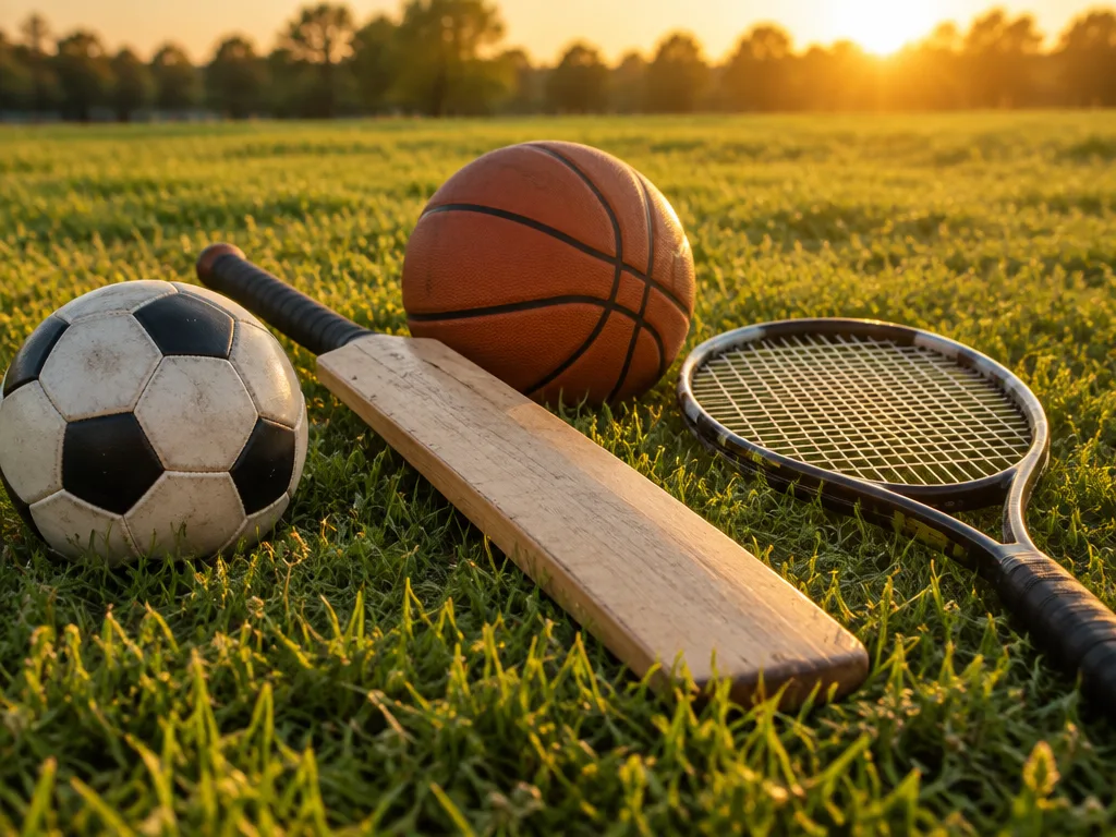 Bollar och racketar från olika sporter på gräs